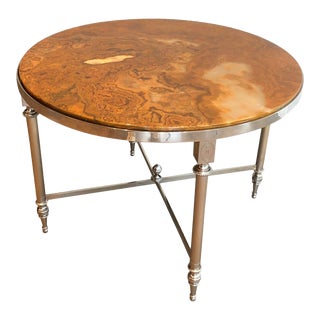 1940s French Small Round Silver Plate & Onyx Top Coffee Table in the Style of Maison Jansen For Sale