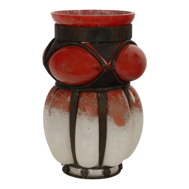 A very good large antique Art Deco French Art Glass vase, by Charles Schneider & ironwork by Edgar Brandt, circa 1920. The...