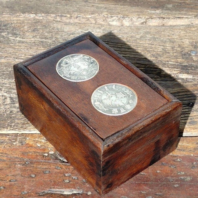 1970s Rosewood Decorative Box Inlaid With Silver Dollar Coins For Sale - Image 9 of 9