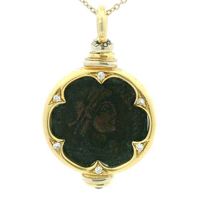 Vintage 18k Gold Ancient Coin Diamond & Sapphire Pendant For Sale - Image 9 of 10