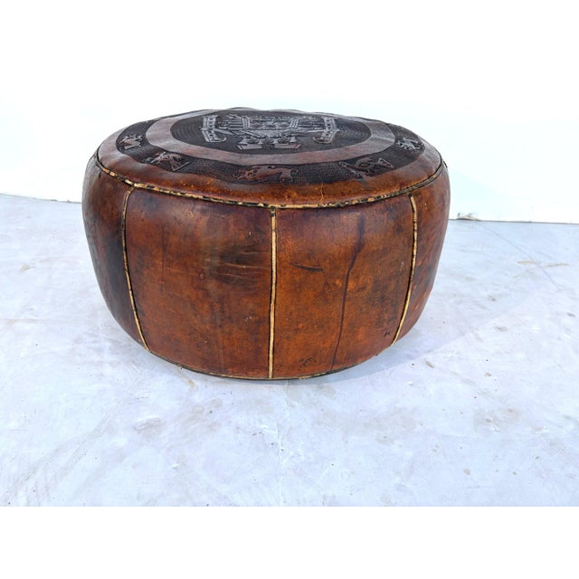 Tribal Vintage Brown Tooled Saddle Leather Peruvian Ottoman Hassock For Sale - Image 3 of 6