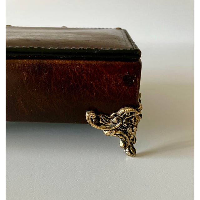 Vintage Italian Florentine Tooled Leather Valet Jewelry Box With Ornate Brass Feet For Sale - Image 10 of 18