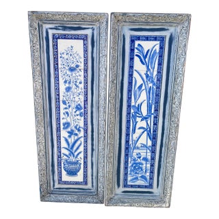 Pair of Framed Hand-Painted Chinoiserie Blue & White Ceramic Tile Panels From a Hollywood Props House For Sale