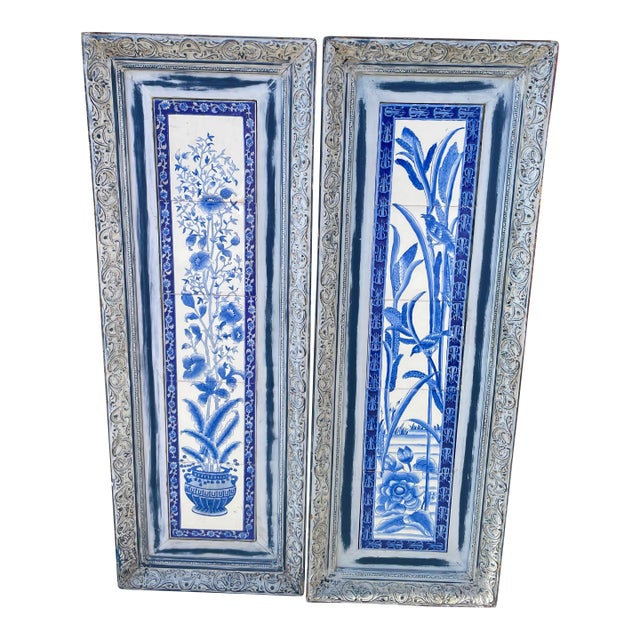 Pair of Framed Hand-Painted Chinoiserie Blue & White Ceramic Tile Panels From a Hollywood Props House For Sale