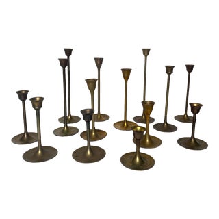 Mid Century Graduated Tulip Base Brass Candlesticks - Set of 14 For Sale
