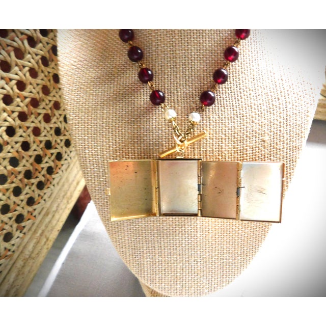 Vintage Gold Locket, Four Photo, Wine and Pearl Bead Chain, Toggle Bar, Oval Bezeled Pearl For Sale - Image 4 of 14
