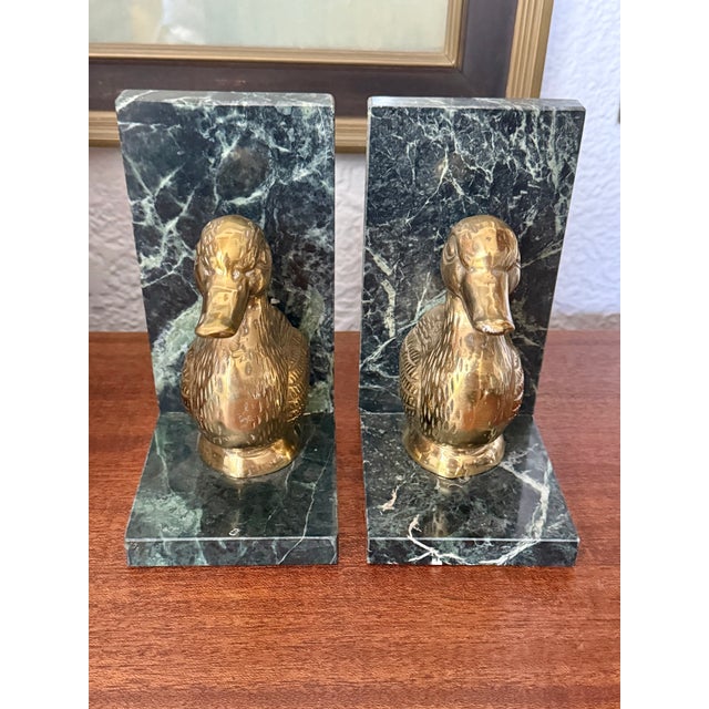 Metal Late 20th Century Solid Brass Duck Bookends on Marble For Sale - Image 7 of 10