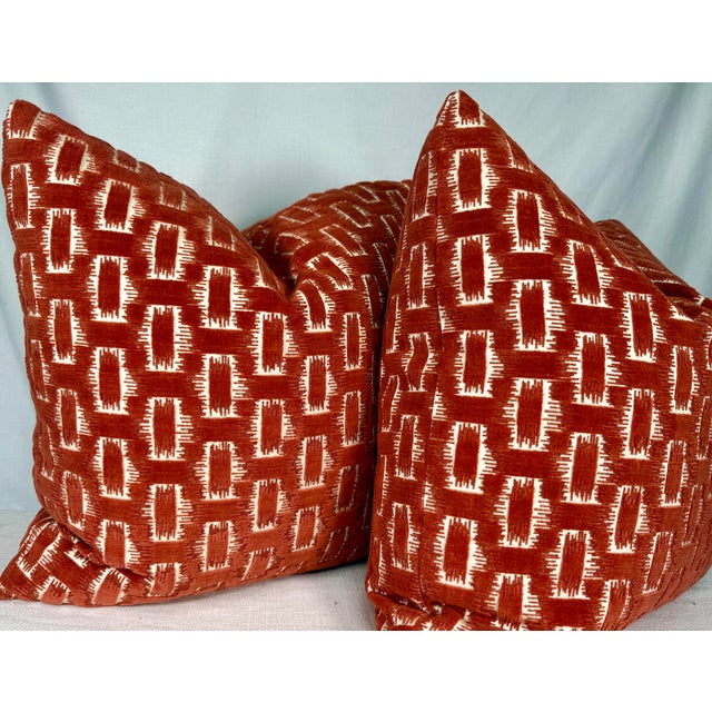 Custom pair of 22" pillows covered in Brunschwig & Fils "Chambord Velvet" in color saffron. These pillows have tapered...