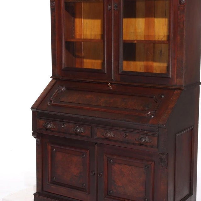 Brown Antique Renaissance Revival Walnut & Burl Secretary Desk C1880 For Sale - Image 8 of 12