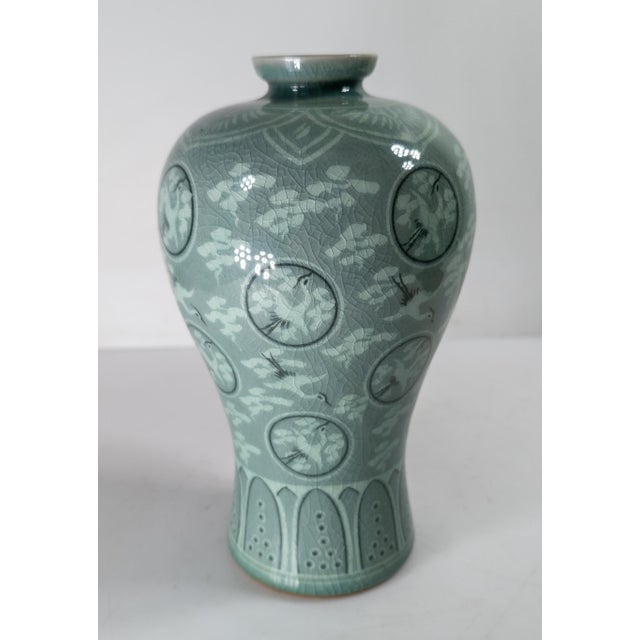 Mid-Century Asian Modern Korean Celadon Green Meiping Vase With Cranes For Sale - Image 4 of 9