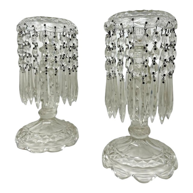 Antique Pair Irish Waterford Crystal Hand Cut Full Lead Lustres Vases Ireland For Sale