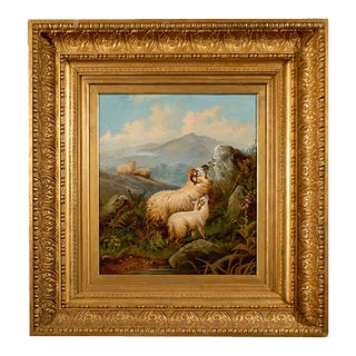 English 19th Century Sheep in Landscape Painting by John W. Morris in Gilt Frame For Sale