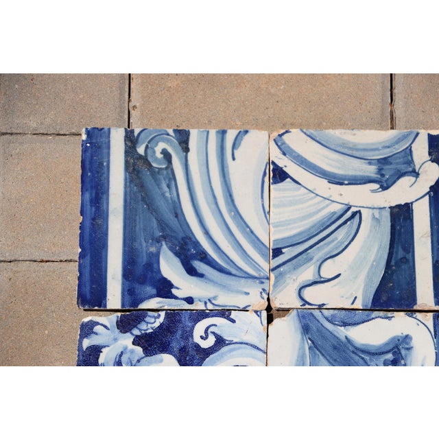 Baroque 18th Century Antique Hand-Painted Portuguese Set of 6 Tiles With Elaborate Scrollwork Decoration For Sale - Image 3 of 9