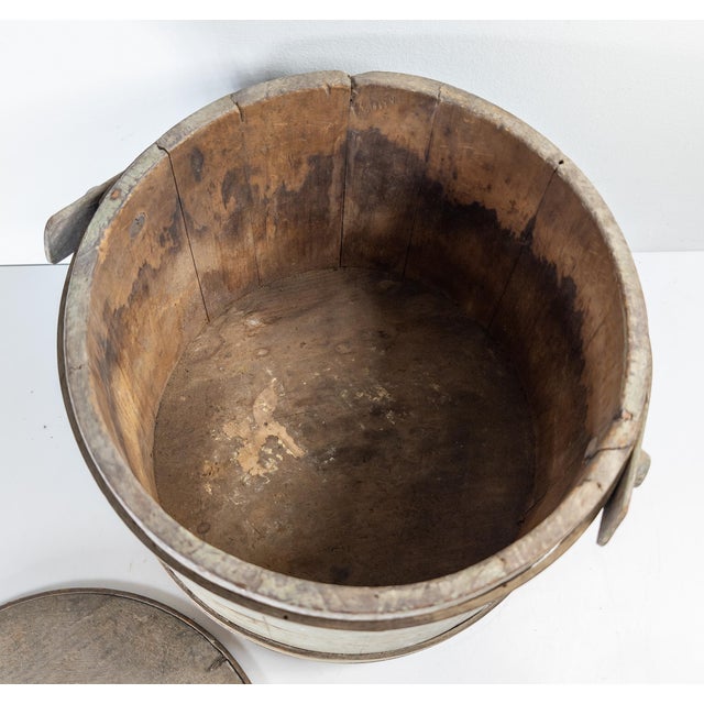 19th Century Rustic Primitive Farmhouse Grey Green Painted Firkin Bucket For Sale - Image 10 of 15