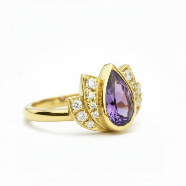 Modern Lotus Gold Ring With Amethyst Silver, Gold, Size 6 For Sale - Image 3 of 5