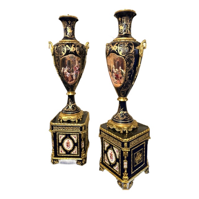 Sevres-Style Midnight Blue Porcelain Vase on Pedestal With Gold Leaf Details & French Court Scenes For Sale