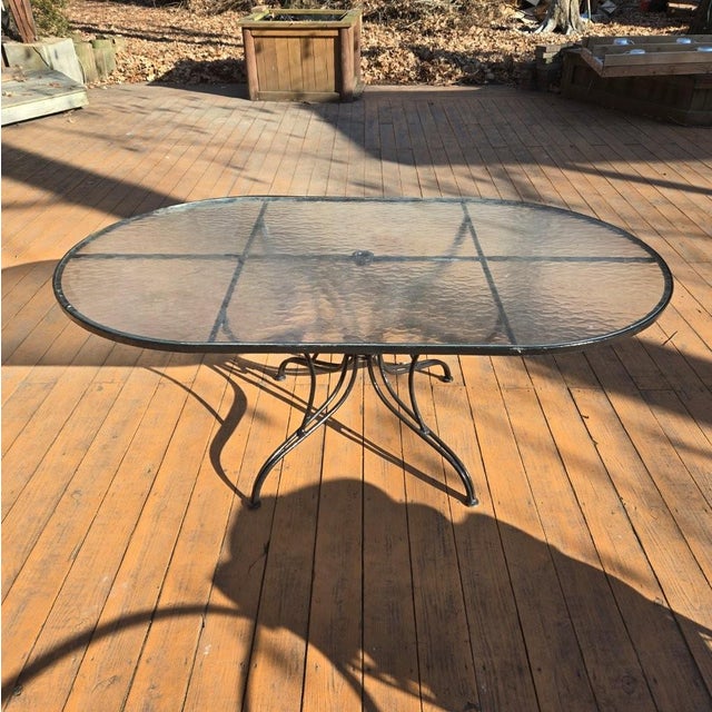 Vintage Wrought Iron Outdoor Table With Glass Top and 6 Chairs For Sale - Image 10 of 14