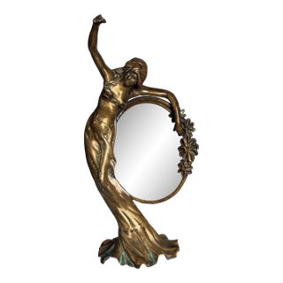Vintage Patinated Bronze Art Nouveau Standing Lady Vanity Mirror 14” X 6.5” For Sale
