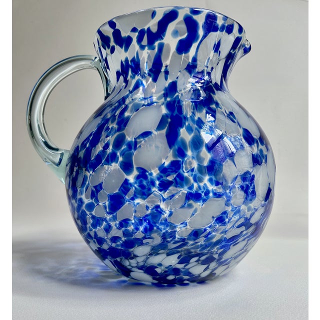 Vintage Hand Blown Blue & White Spatter Handled Glass Pitcher For Sale In New York - Image 6 of 16