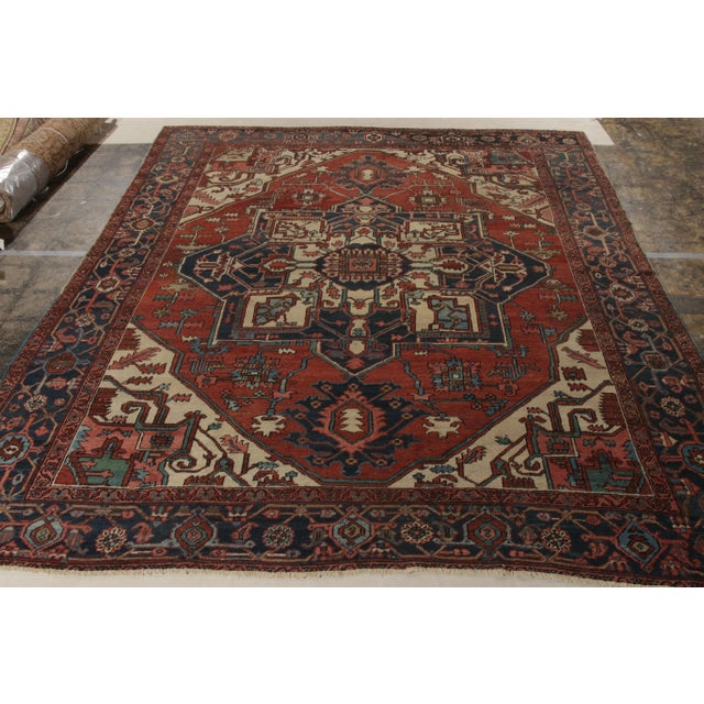 Antique Persian Heriz Rug in a Red, Blue, Beige Medallion Pattern For Sale In New York - Image 6 of 9