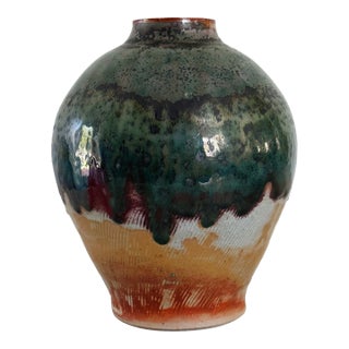 Mid-Century Hand Thrown California Studio Pottery Vase in Metallic Glazes, Signed For Sale