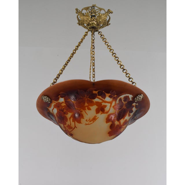 Emile Galle Large French Art Deco Pendant Light by Galle - 1925 Cameo Gallé Chandelier France For Sale - Image 4 of 10