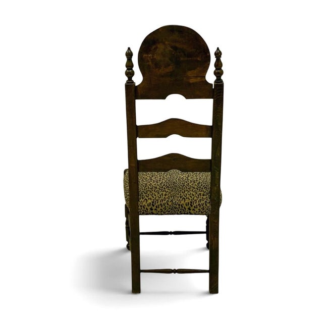 19th-C. French Carved Oak Ladder Back Chairs Leopard Upholstery Pair For Sale - Image 4 of 5