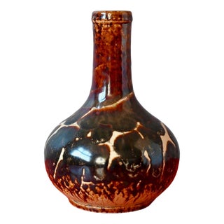 Vintage Stoneware Bottle Vase in Iridescent Brown Glaze, 1960s For Sale