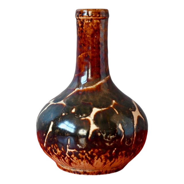 Vintage Stoneware Bottle Vase in Iridescent Brown Glaze, 1960s For Sale