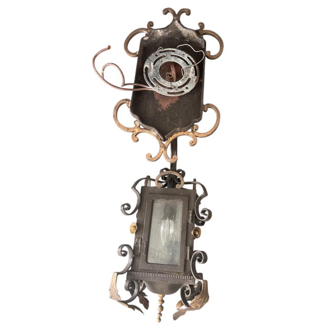 1990s Vintage Spanish Revival Wrought Iron Outdoor Sconce Lantern With Gilt Accents For Sale - Image 5 of 7