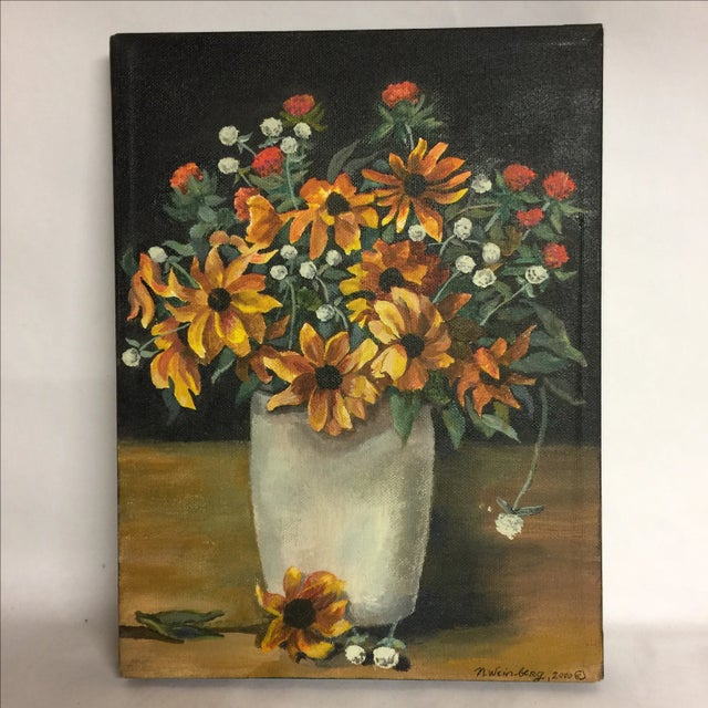 Wonderful original painting, acrylic on canvas, by Nancy Weinberg, 2000. Measures 12 x 9" overall. Daisies and Amaranth...