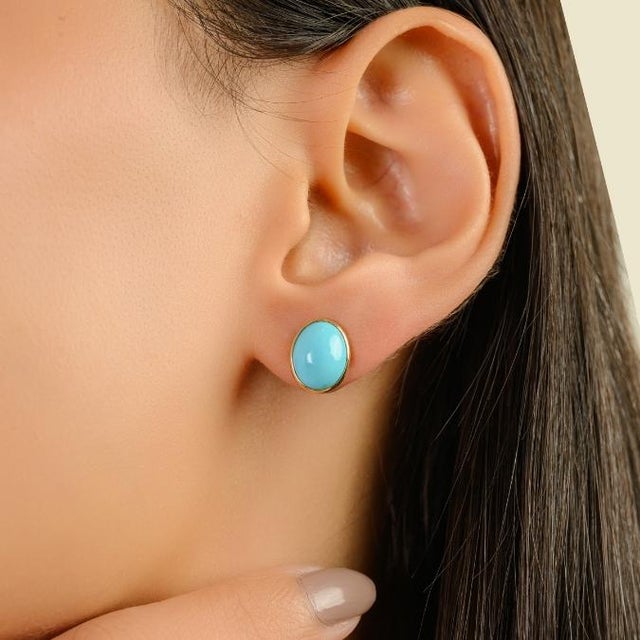 Modern 18k Yellow Gold 1 Carat Oval Turquoise Bezel Set Stud Earrings for Women- A Pair For Sale - Image 9 of 12