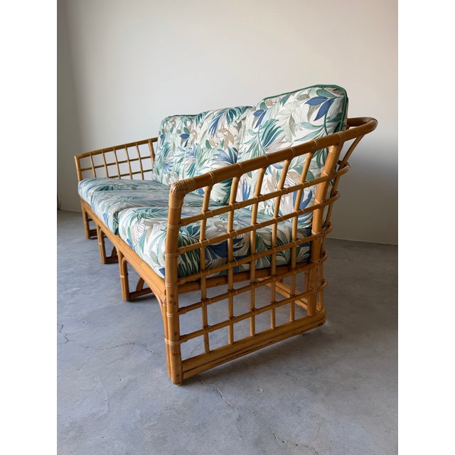 1970s Vintage Ficks Reed Style Bamboo Rattan Sofa With Floral Print Upholstery For Sale - Image 5 of 12