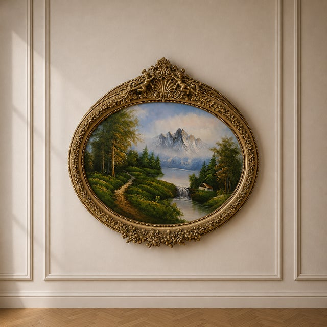 Bring timeless European elegance into your home with this ornate oval landscape artwork, beautifully framed with intricate...