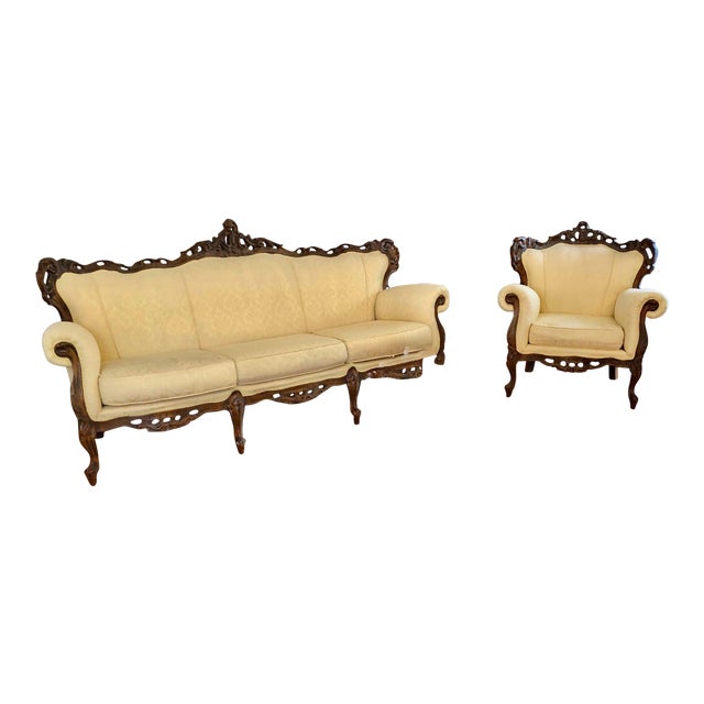 Antique Black Forest Wood Victorian Parlor Sofa And Chair A Pair
