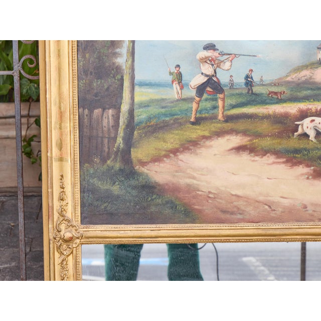 19th Century English Gilt Trumeau Mirror with Hunting Scene Oil Painting For Sale - Image 9 of 12