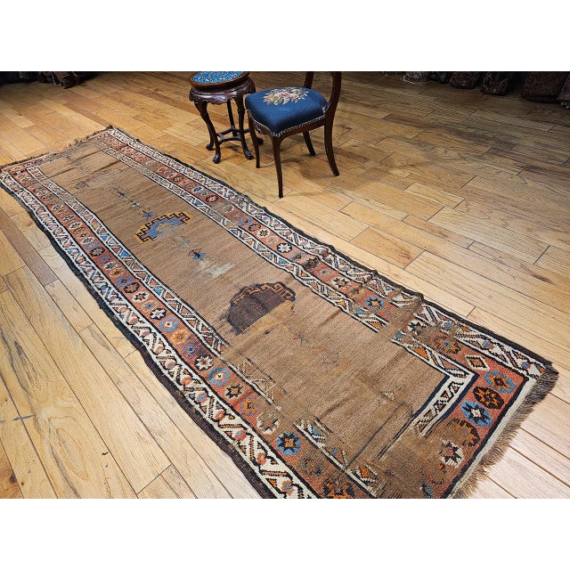 Antique 19th C. Kurdish Camelhair Runner Rug, Hand-Knotted Geometric Pattern, 4x12, Camelhair & Ivory For Sale - Image 4 of 15