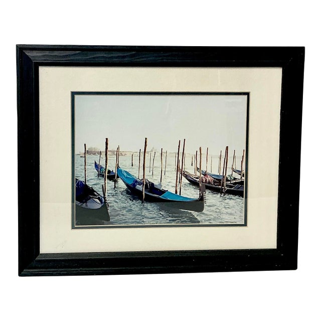 1980s Vintage Italian Coastal Venus Blue Gondola at Dock Framed Photography. For Sale
