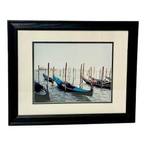 1980s Vintage Italian Coastal Venus Blue Gondola at Dock Framed Photography