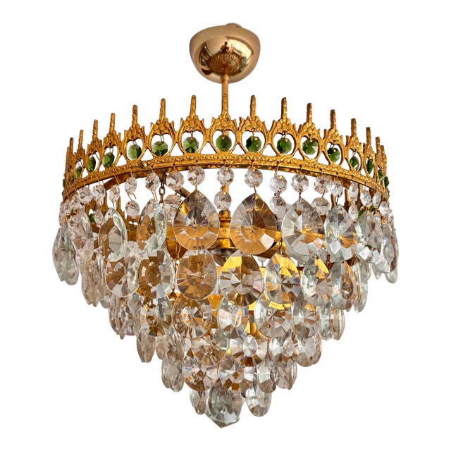 Vintage Brass & Original Emerald Green Crystal Crown Cascade Chandelier – 5 Light For Sale