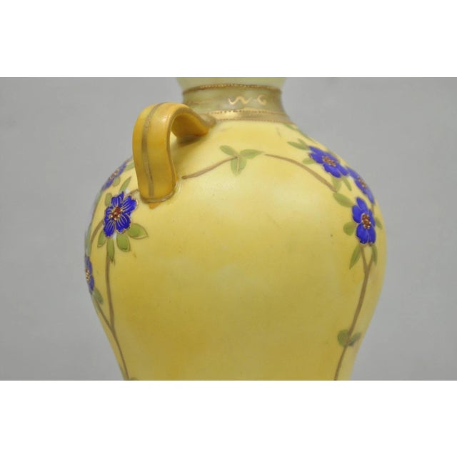 Antique Nippon Hand Painted Porcelain Moriage Mountain Scene Small Yellow Vase For Sale - Image 10 of 12