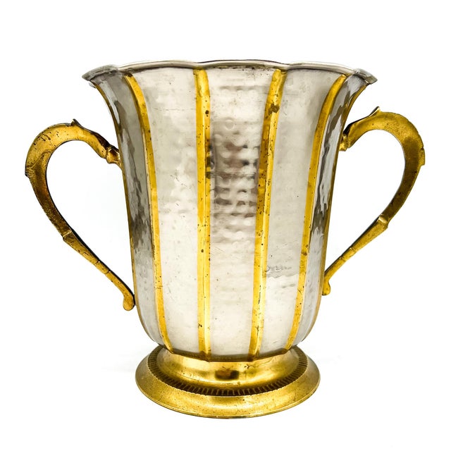Vintage Hammered Brass & Silver Tone Double Handle Cachepot / Wine Cooler – Hollywood Regency / Neoclassical For Sale - Image 12 of 13