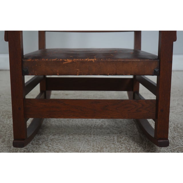 Stickley Antique Mission Style Oak Leather Seat Rocking Chair For Sale - Image 15 of 18