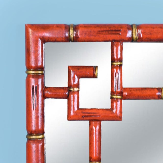 Chinoiserie Faux Bamboo Greek Key Red and Gold Mirror For Sale - Image 3 of 4