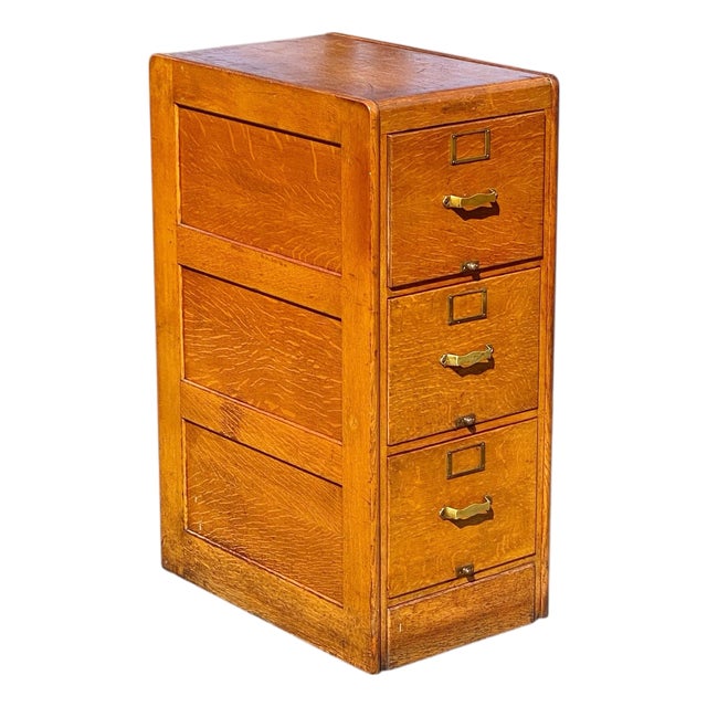 Antique Arts & Crafts Tiger Oak Three Drawer Office File Cabinet For Sale