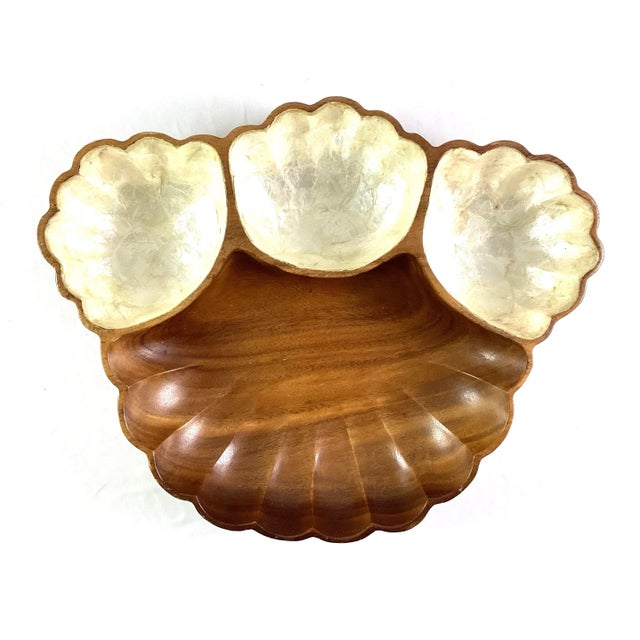 Rare ,1960’s hand carved monkey pod wood -hors d’oeuvre /snack tray-with white translucent “window pane oyster shell”...