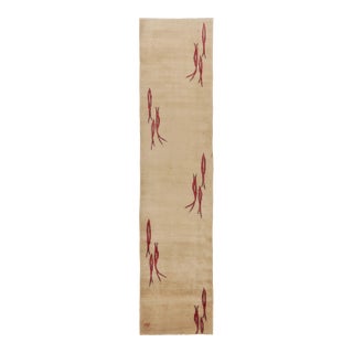 Vintage Modernist Art Deco Runner With Pairs of Red Stylized Fishes - Rug & Kilim For Sale