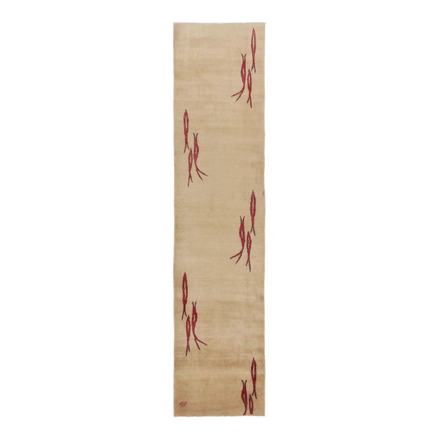 Vintage Modernist Art Deco Runner With Pairs of Red Stylized Fishes - Rug & Kilim For Sale