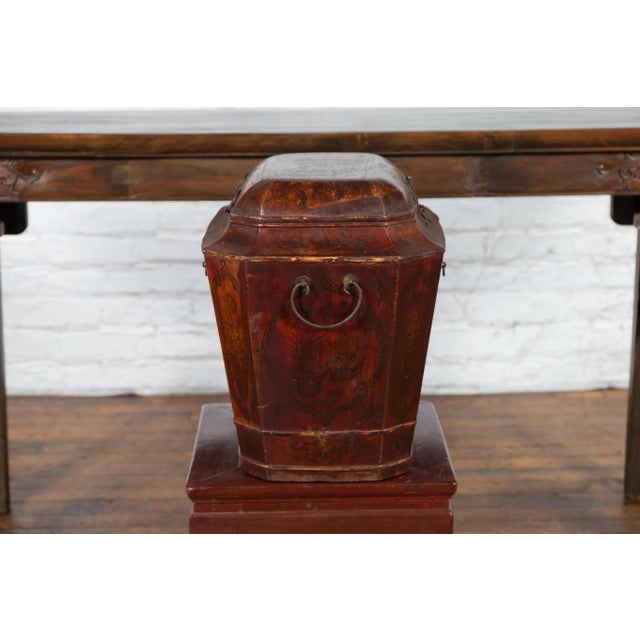 Chinese Qing Dynasty Red Lacquer & Hand-Painted Décor Wedding Chest For Sale - Image 4 of 13