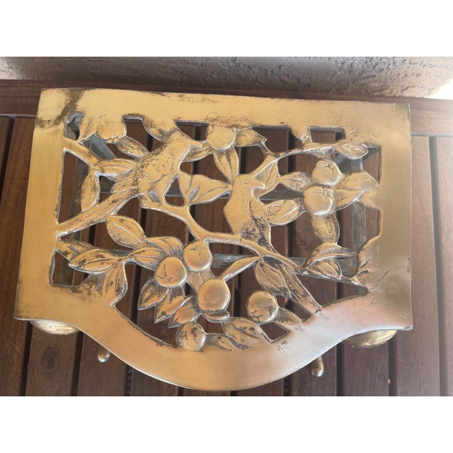 Workaday Handmade Folk Art Farmhouse Late 1800s English Cast Brass Fireplace Footman Kettle Stand For Sale - Image 4 of 7